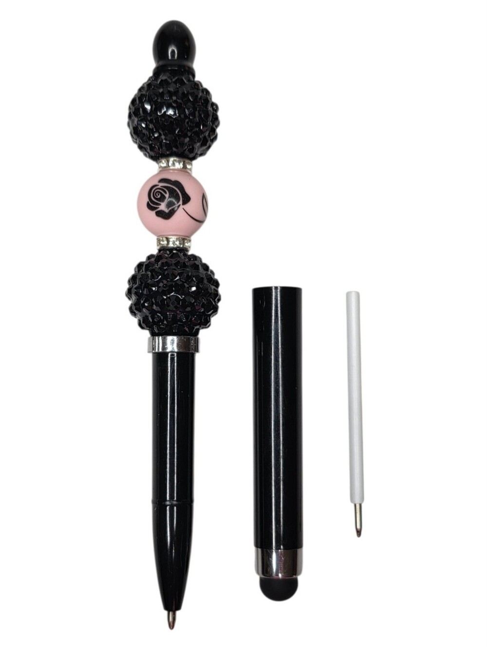 Stylus Pen Handmade Rhinestone Embellished Black & Pink Rose + Extra Ink Refill - Picture 1 of 2
